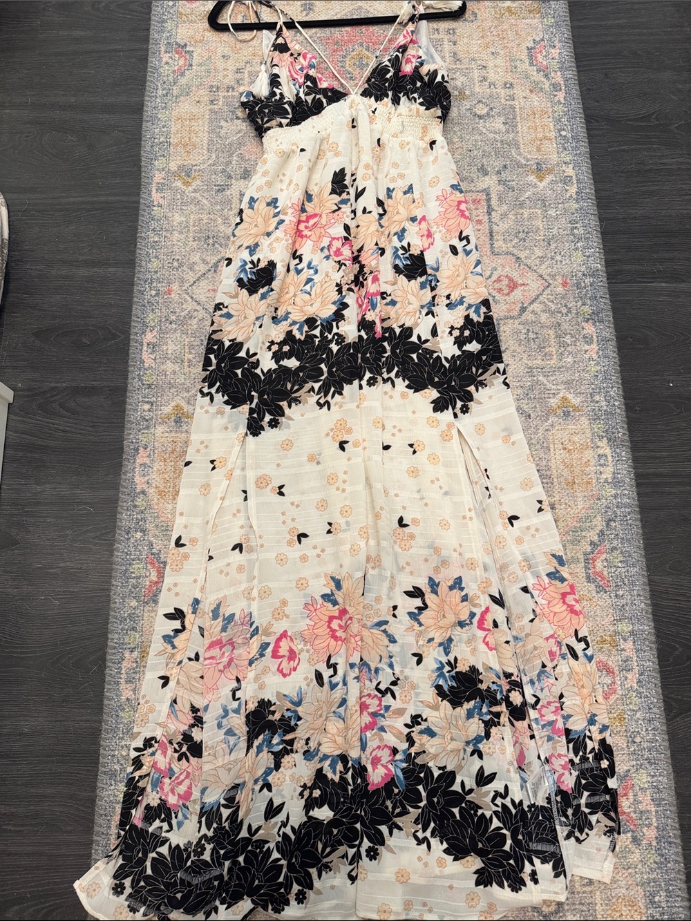 ENCREME Floral Maxi Dress in Cream, Pink & Blue